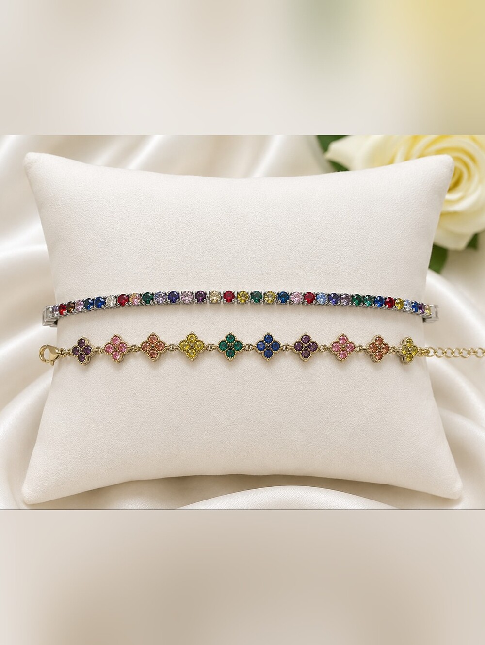 Multicolor Bracelet Duo Set | 7" Rainbow Tennis Bracelet & 9" Multicolor Clover